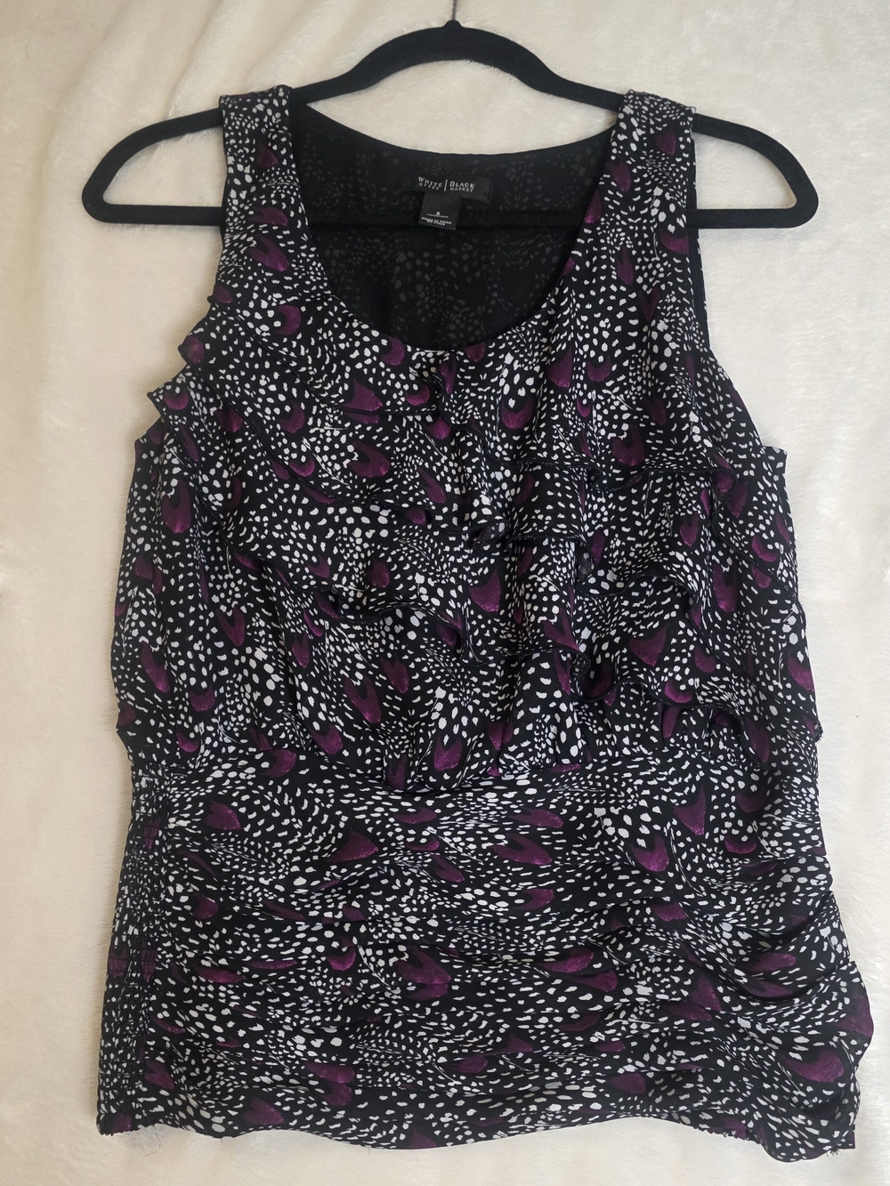 White House Black Market Black & Purple Printed Ruffle Tank
